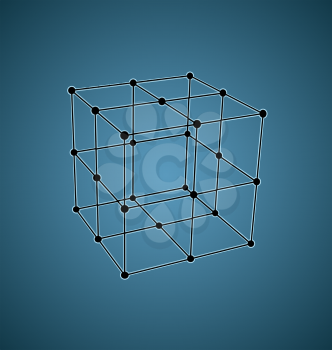 Wireframe mesh polygonal element Cube with connected offset lines and dots - vector