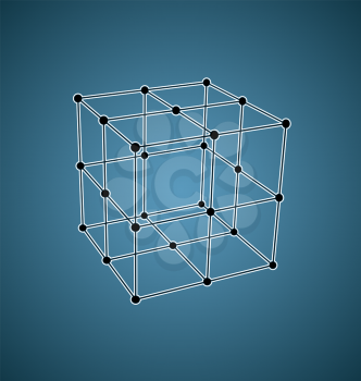 Wireframe mesh polygonal element Cube with connected offset lines and dots - vector