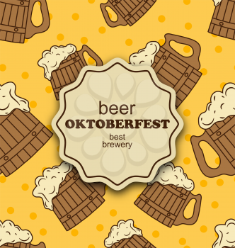 Illustration Greeting Card for Oktoberfest Party, Seamless Pattern with Wooden Foam Beer Mugs - Vector