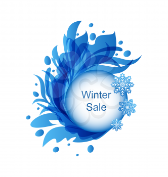 Illustration Floral Blue Frame with Snowflakes, Winter Sale - Vector