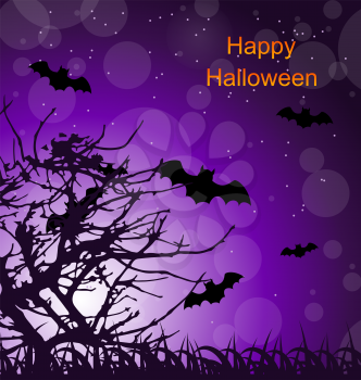 Illustration Halloween Night Background with Bats - Vector