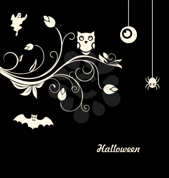 Illustration Halloween Flourish Dark Background with Owl, Ghost, Eye, Spider - Vector