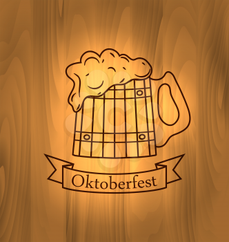 Oktoberfest Illustration, Mug Beer with Foam Scorch on Wooden Desk, Old Style Vintage Background - vector