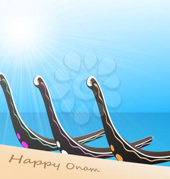 Illustration of Snake Boat at River for South Indian Festival Happy Onam Celebration Background  - vector