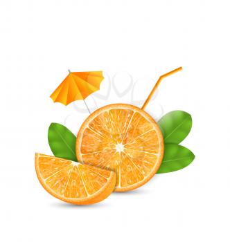 Illustration Orange as a Drink with a Straw and Umbrella, Ripe Citrus - Vector