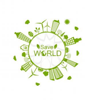 Illustration Green Futuristic World, Concept. Environment with Solar Panels and Wind Generators - Vector