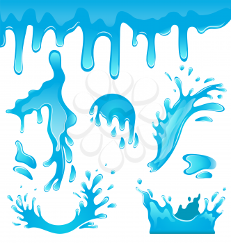 Illustration Blue Water Drops, Splashing Waves, Crown, Surge, Puddle, Ripples, Set Isolated on White Background - Vector