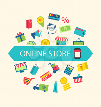 Illustration E-commerce Shopping Symbols, Online Shop Elements and Commerce Item - Vector