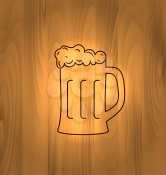 Oktoberfest Illustration, Mug Beer with Foam Scorch on Wooden Table, Old Style Vintage Background - vector