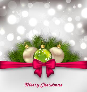 Illustration Christmas Shimmering Postcard with Fir Branches and Glass Balls - Vector