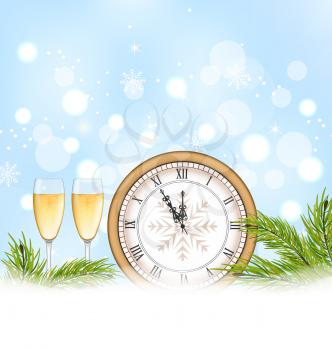 Illustration Happy New Year Background with Clock and Glasses of Champagne - Vector