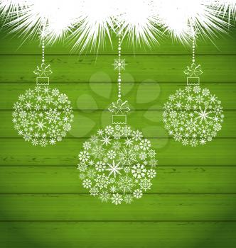 Illustration Christmas Balls Made in Snowflakes on Green Wooden Texture - Vector