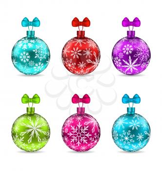 Illustration Collection Christmas Colorful Glassy Balls with Texture of Snowflakes, Isolated on White Background - Vector