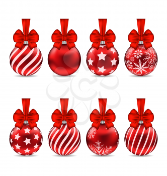 Illustration Set Christmas Red Glassy Balls with Bows and Different Textures, Isolated on White Background - Vector