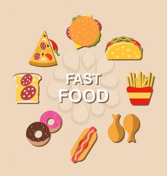 Illustration Set Fast Food Flat Icons with Shadows - Vector