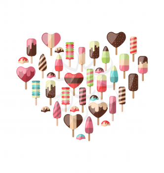 Illustration Heart made in Set Different Colorful Ice Creams, Isolated on White Background - Vector