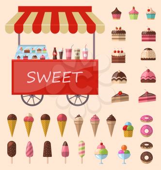 Delicious sweets and ice cream cart market icons set - vector