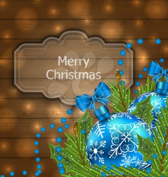 Illustration wooden label with Christmas balls and fir twigs - vector