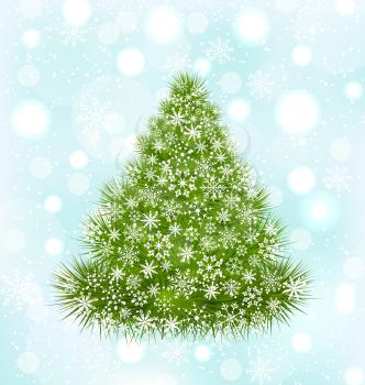 Illustration Christmas Tree with Snowflakes on Blue Shine Background - Vector