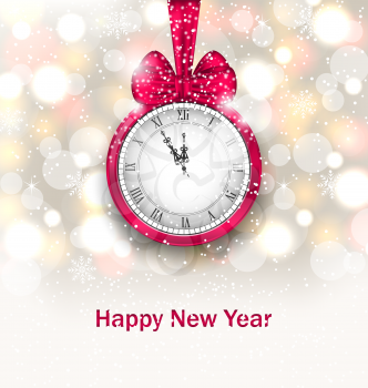 Illustration New Year Midnight Glowing Background with Clock - Vector