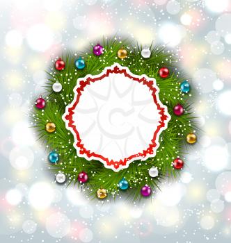 Illustration Paper Card with Christmas Wreath and Balls, New Year Decoration on Magic Background - Vector