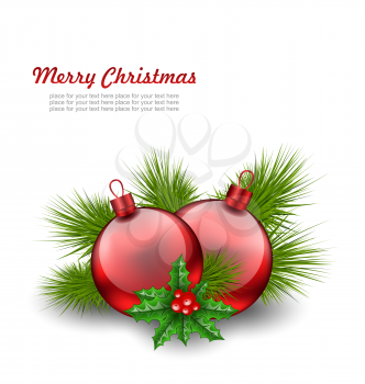 Illustration Christmas Red Glass Balls with Fir Twigs and Holly Berry, on White Background - Vector