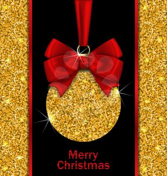 Illustration Glitter Card with Christmas Ball with Golden Surface and Twinkle, Dark Glowing Background - Vector