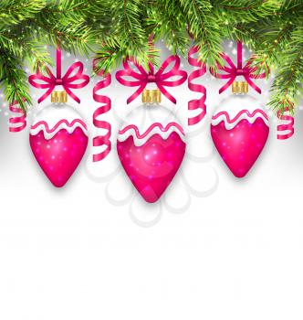 Illustration Shimmering Light Wallpaper with Fir Branches and Christmas Pink Balls for Happy Winter Holidays - Vector
