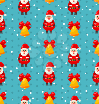 Merry Christmas and Happy New Year seamless pattern with Santa and jingle bell - vector
