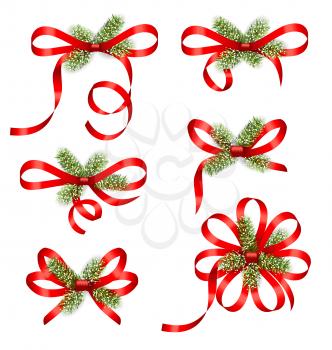 Illustration Bow Ribbons with Fir Branches Isolated on White Background. Traditional Elements for New Year and Christmas Design - Vector