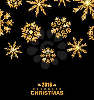 Illustration Golden Celebration Card with Sparkle Snowflakes, Glittering Luxury Background - Vector