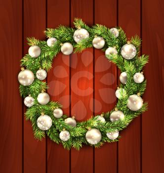 Illustration Christmas Wreath with Balls, New Year and Christmas Decoration, on Wooden Background - Vector