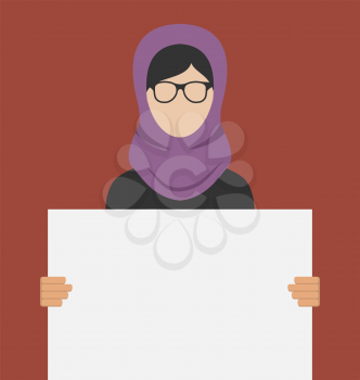 Illustration Arabic Woman Holding a Blank Horizontal Banner, Copy Space for Your Text on Poster - Vector