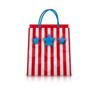 Illustration Shopping Bag in USA Patriotic Colors for National Holidays. Packet Isolated on White Background - Vector