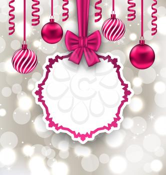 Illustration Christmas Paper Card with Bow Ribbon and Balls, Glowing Background - Vector