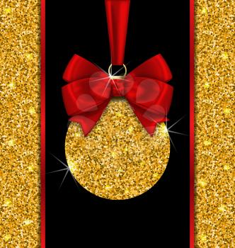 Illustration Glitter Card with Christmas Ball with Golden Surface and Twinkle, Dark Glowing Background - Vector