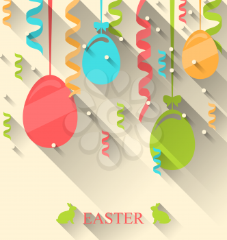 Illustration Easter Background with Colorful Eggs and Serpentine, Trendy Flat Style with Long Shadows - Vector