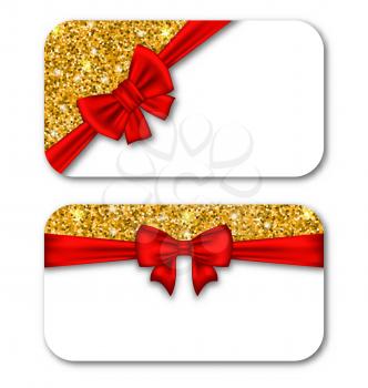 Illustration Paper Cards with Red Bow Ribbon and Golden Dust. Template for Greeting Cards, Invitations, Voucher Design, Coupons, Discounts - Vector