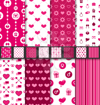 Illustration Group of love and romantic seamless backgrounds. Valentine Day patterns with pink and white colors - vector
