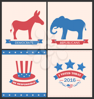 Illustration Retro Cards for Advertise of United States Political Parties. Vintage Flyers with Donkey and Elephant. Vote 2016 - Vector