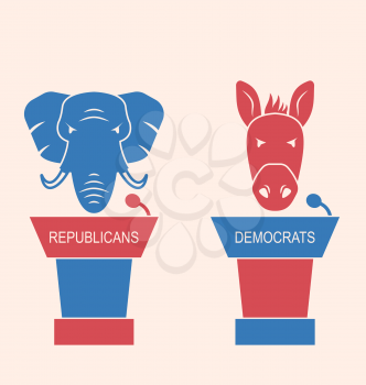 Illustration Concept of Debate Republicans and Democrats. Donkey and Elephant as a Orators Symbols Vote of USA. Retro Style Design - Vector