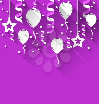 Illustration Birthday Background with Balloons, Stars and Confetti, Trendy Flat Style with Long Shadows - Vector