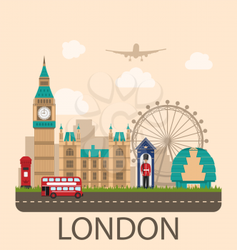 Illustration Design Poster for Travel of England. Urban Background. Concept of Travel and Tourism Banner. Famous Landmarks. Vintage Style - Vector