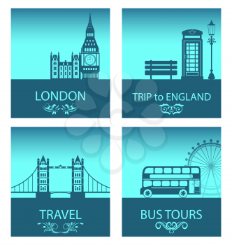 Illustration Abstract Postcards for Trip Of England with Silhouette Background of Abstract London Skyline and Symbols of London - Vector