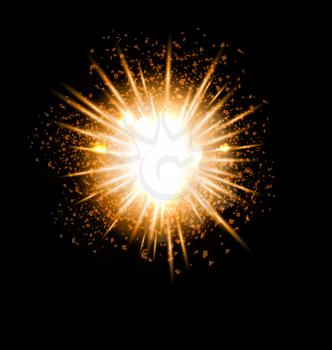 Explosion fireworks powerful golden dust party bright ray - vector