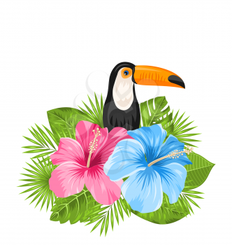 Illustration Beautiful Exotic Nature Background with Toucan Bird, Colorful Hibiscus Flowers Blossom and Tropical Leaves, Isolated on White Background - Vector