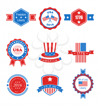 Illustration Collection of Various Graphics Objects and Labels, Emblems, Symbols, Icons and Badges for Independence Day of USA. Templates and Design Elements. Isolated on White Background - Vector