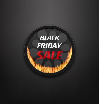 Illustration Round Frame or Web Button with Fire Flame for Black Friday Sale, Black Background - Vector