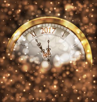 Illustration 2017 New Year Midnight, Glowing Background with Clock - Vector