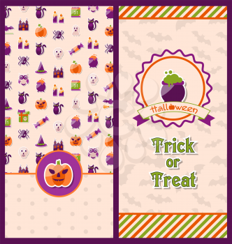 Illustration Halloween Postcards. Vertical Banners. Party Invitations with Flat Icons. Trick or Treat - Vector